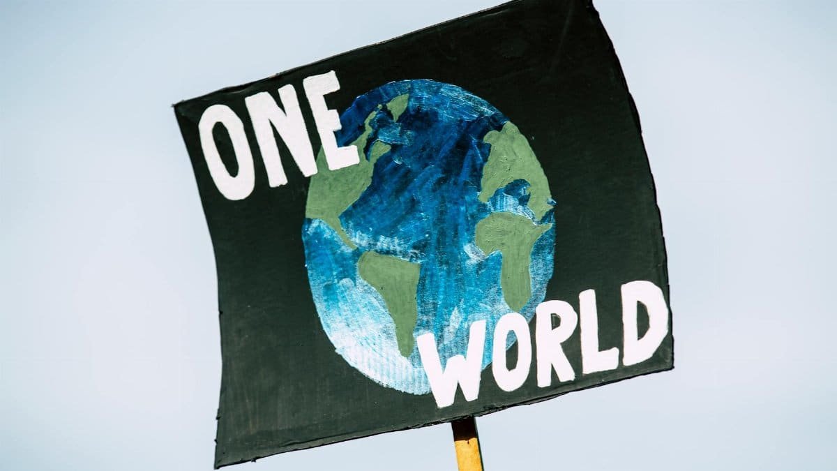 Close-up of a protest sign with Earth and 'One World' text, symbolizing climate change awareness.