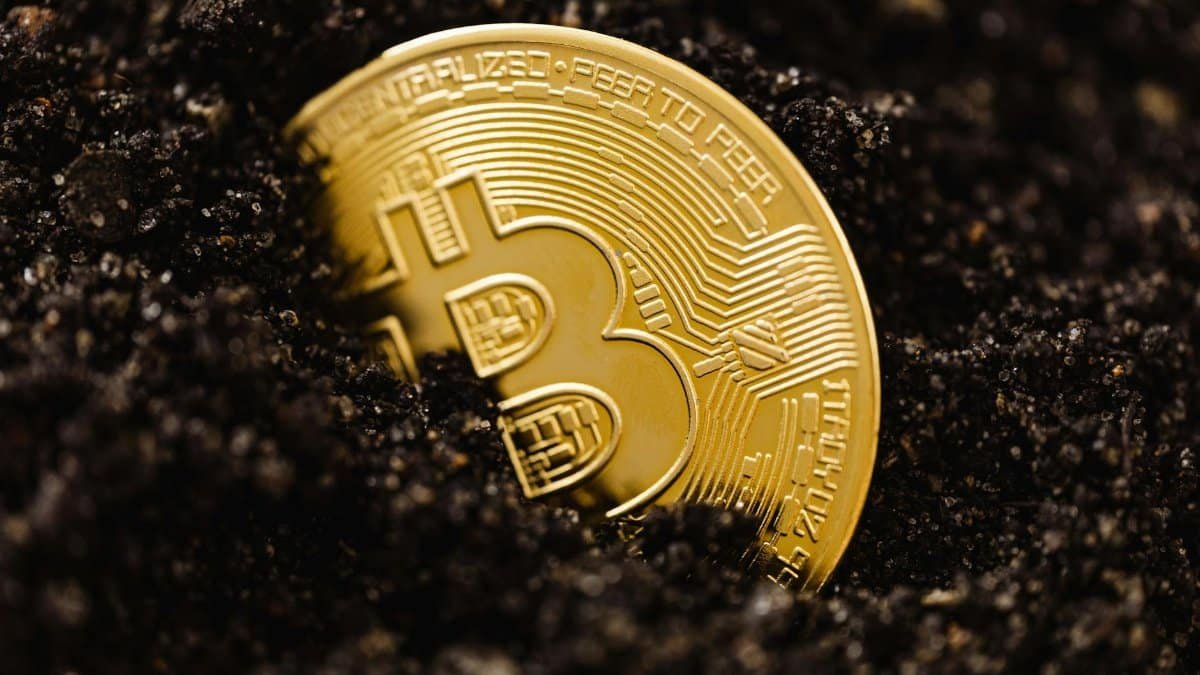 Golden Bitcoin partially buried in dark soil, signifying investment growth.