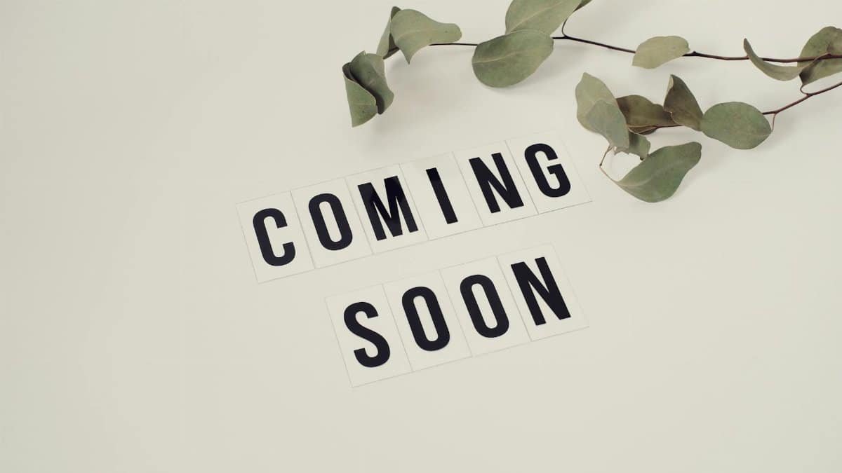 Eucalyptus branch with 'Coming Soon' message on white background for announcements.