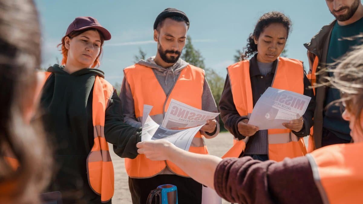 Group of volunteers in orange vests hold a community search meeting.