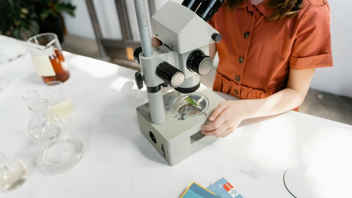 A girl uses a microscope for a science experiment in a laboratory setting, showcasing learning and exploration.
