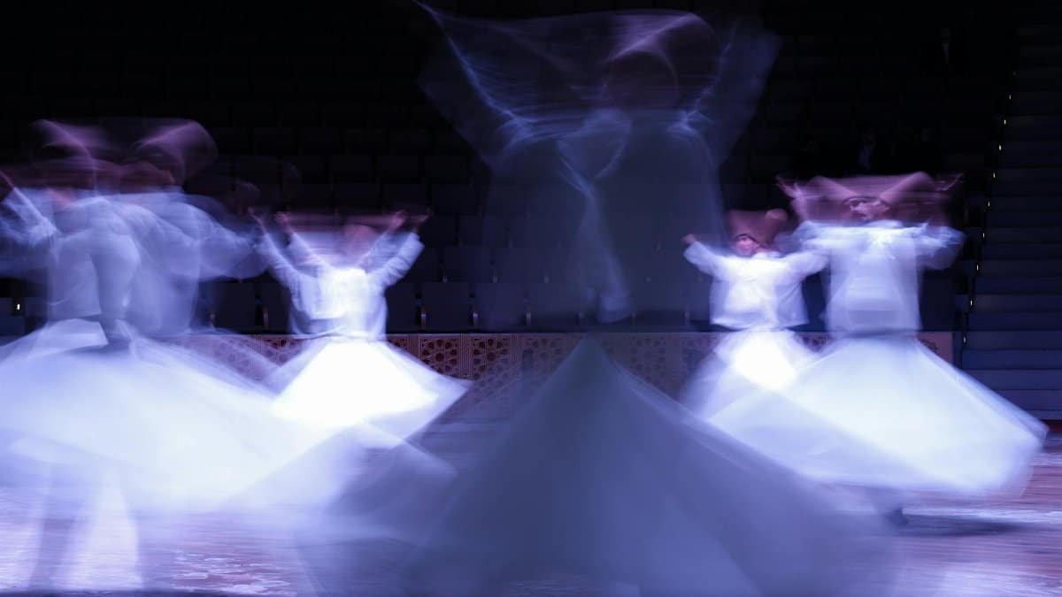 Blurred motion of whirling dervishes performing a spiritual dance in an indoor setting.