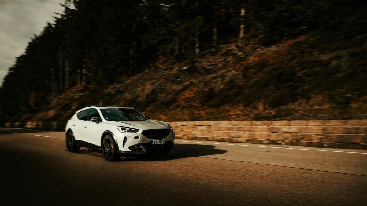White car speeding down a forest road, capturing motion and adventure.