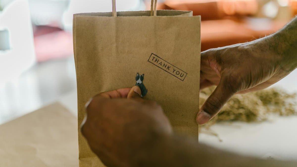 Close-up of hands holding a thank you paper bag, symbolizing gratitude and small business packaging.