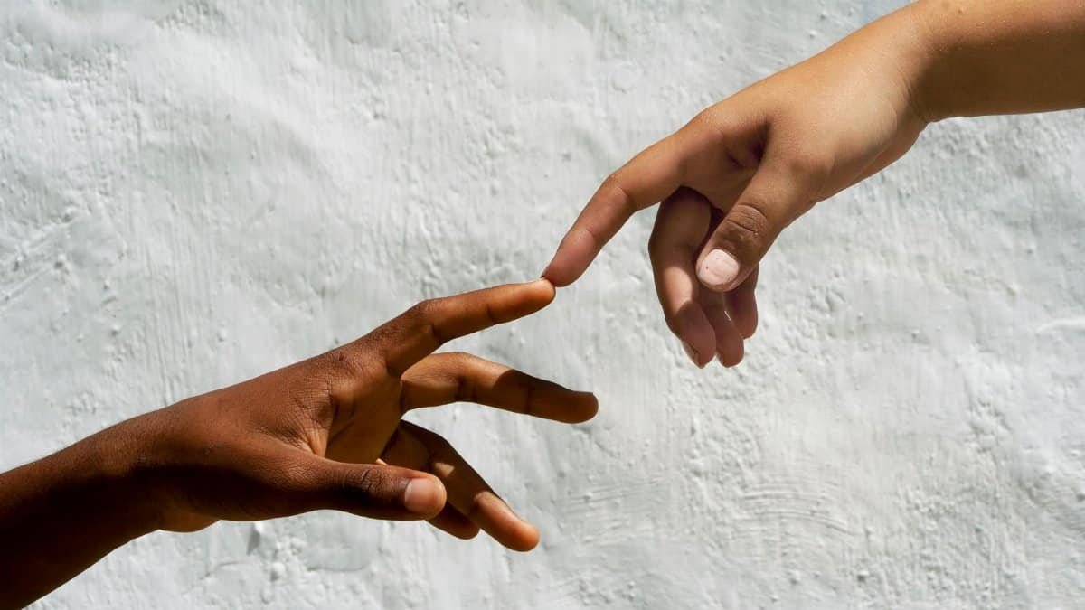 Artistic depiction of human connection with two hands reaching against white backdrop.