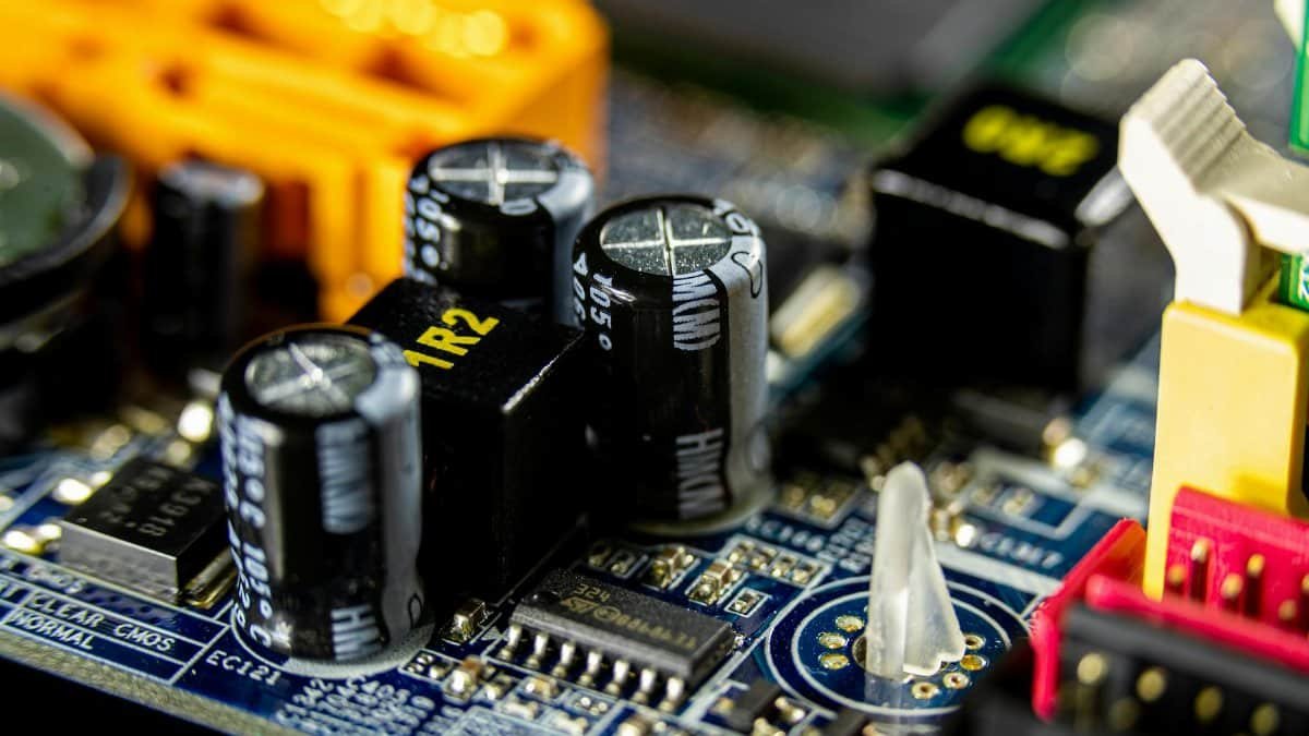 Detailed view of electronic components on a circuit board for computer technology.