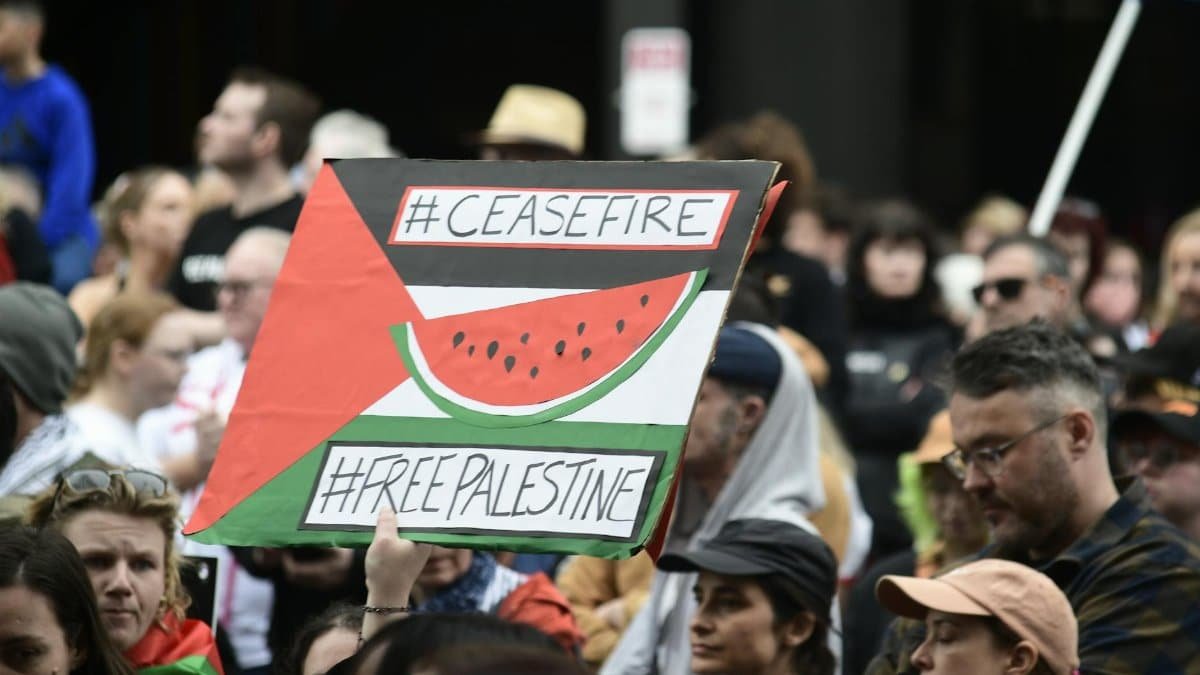 Crowd gathers in Adelaide for a peace rally supporting Palestine.