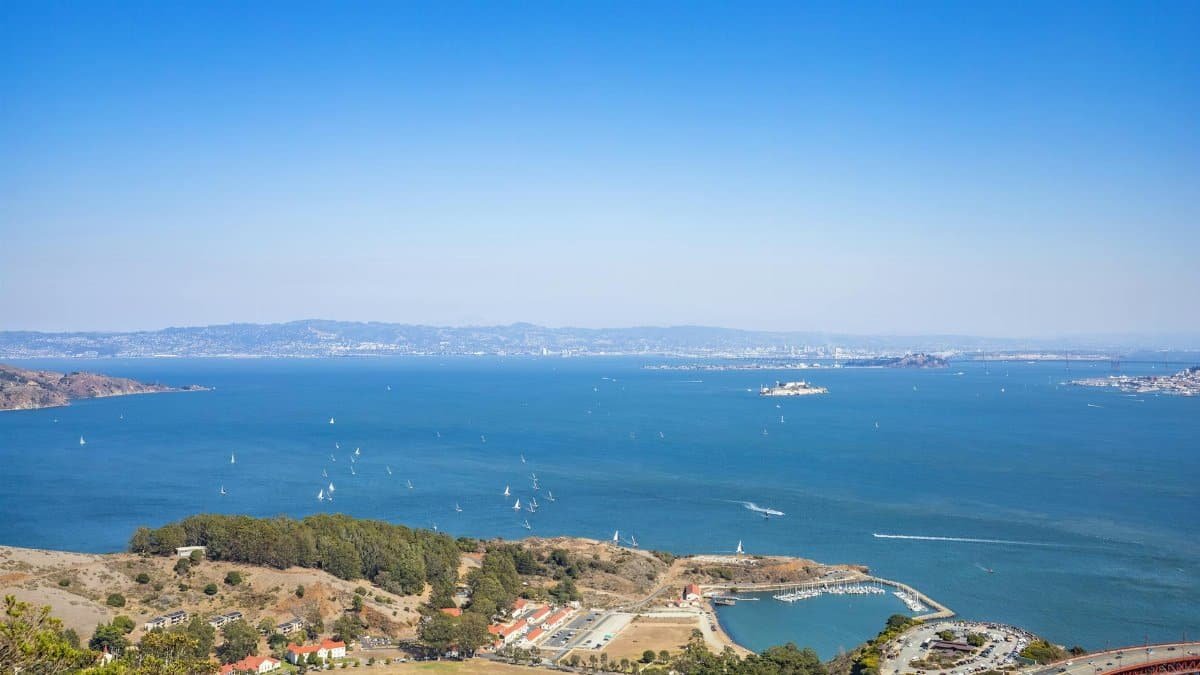 A breathtaking aerial view of the San Francisco Bay with sailboats and clear blue skies.