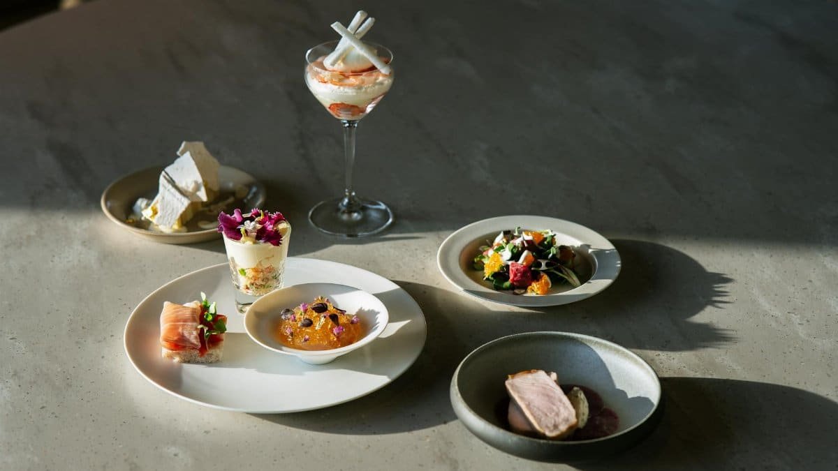 Handcrafted gourmet dishes elegantly presented under natural light on a luxurious dining table.
