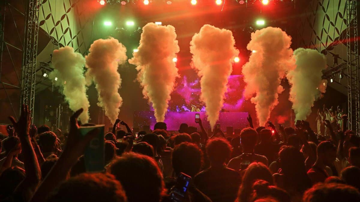 Crowded concert with vibrant lights and smoke effects creating an energetic atmosphere.