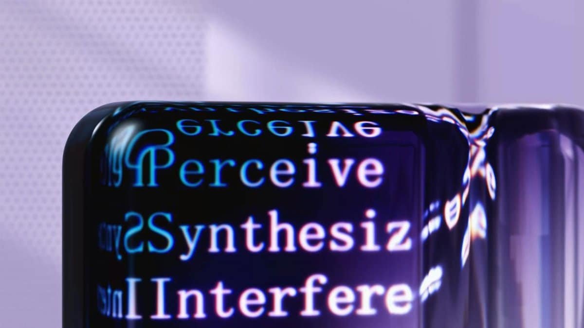 Futuristic abstract artwork showcasing AI concepts with digital text overlays.