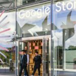 Bright and modern Google Store entrance with clear glass facade in Mountain View, California.