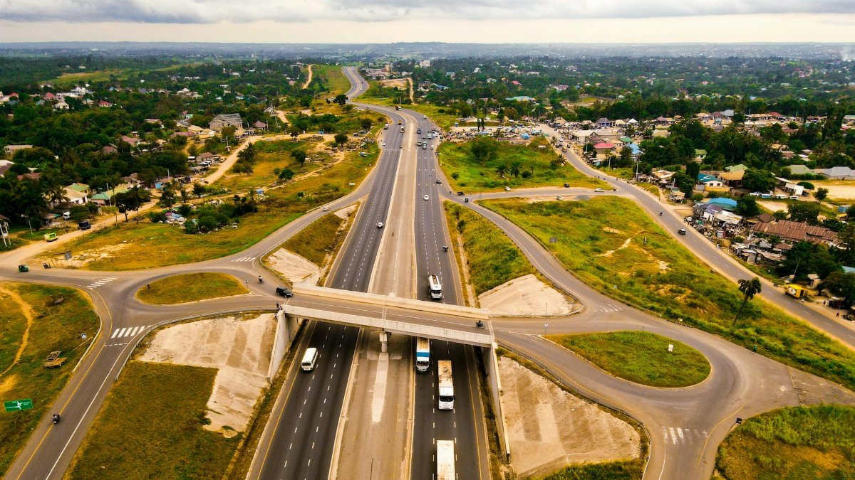 Aerial view of a highway intersection in Dar es Salaam, Tanzania. Ideal for travel and landscape themes.