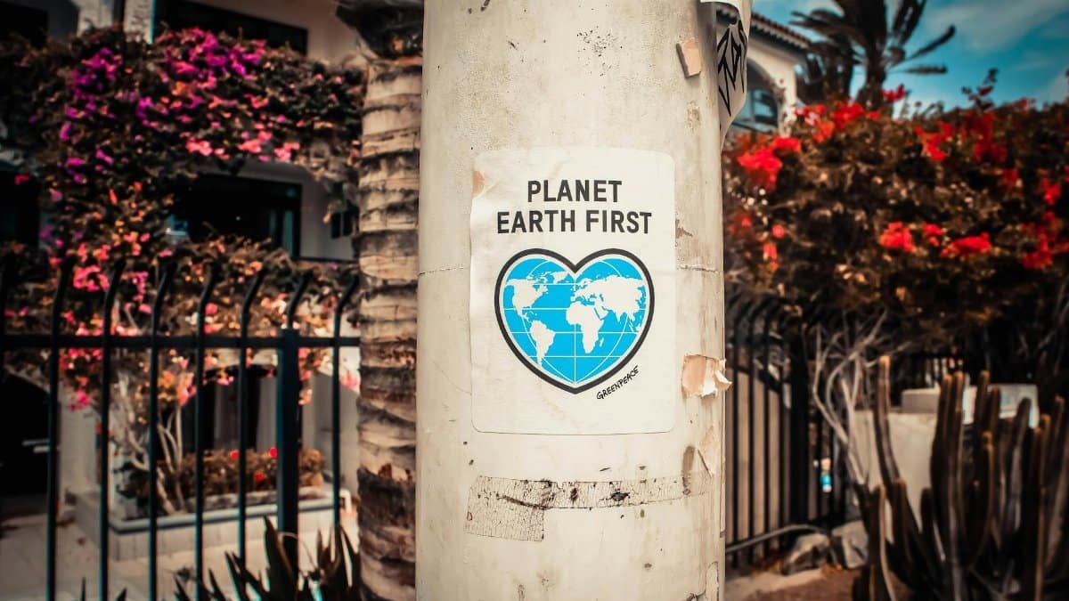 A 'Planet Earth First' sticker on a pole in Las Palmas de Gran Canaria.