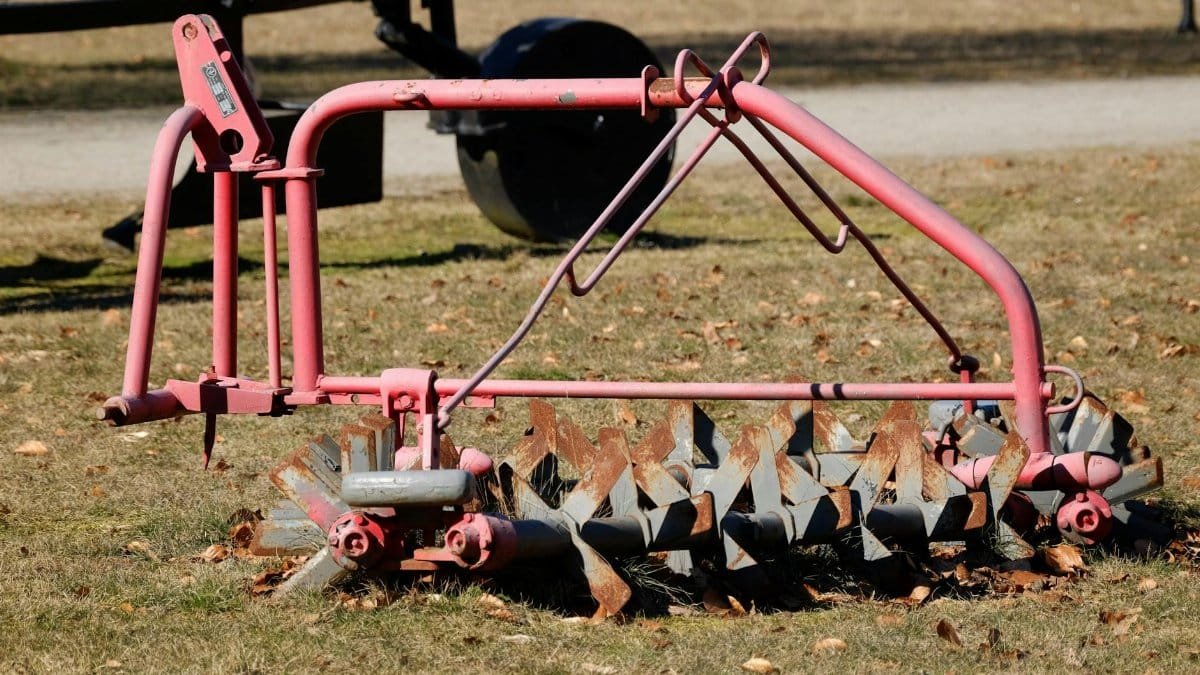 Rusty pink disc harrow on grassy field in sunny day, showcasing agriculture equipment.