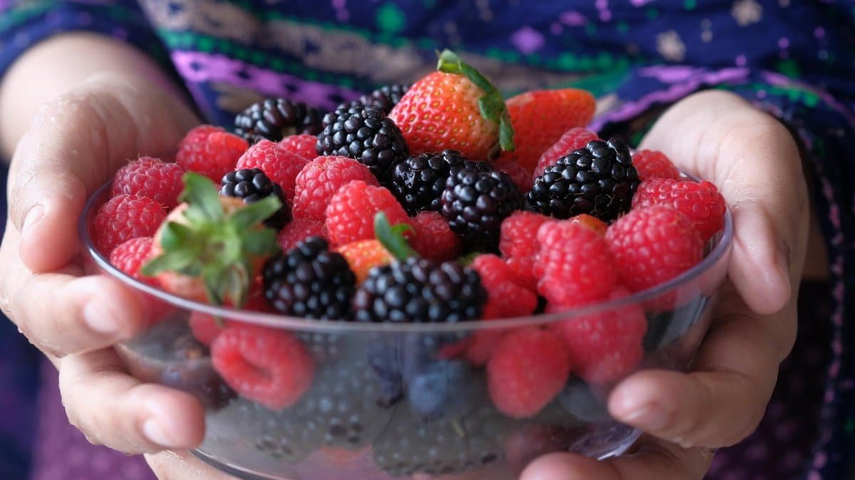 Close-up of hands holding a glass bowl filled with fresh mixed berries.