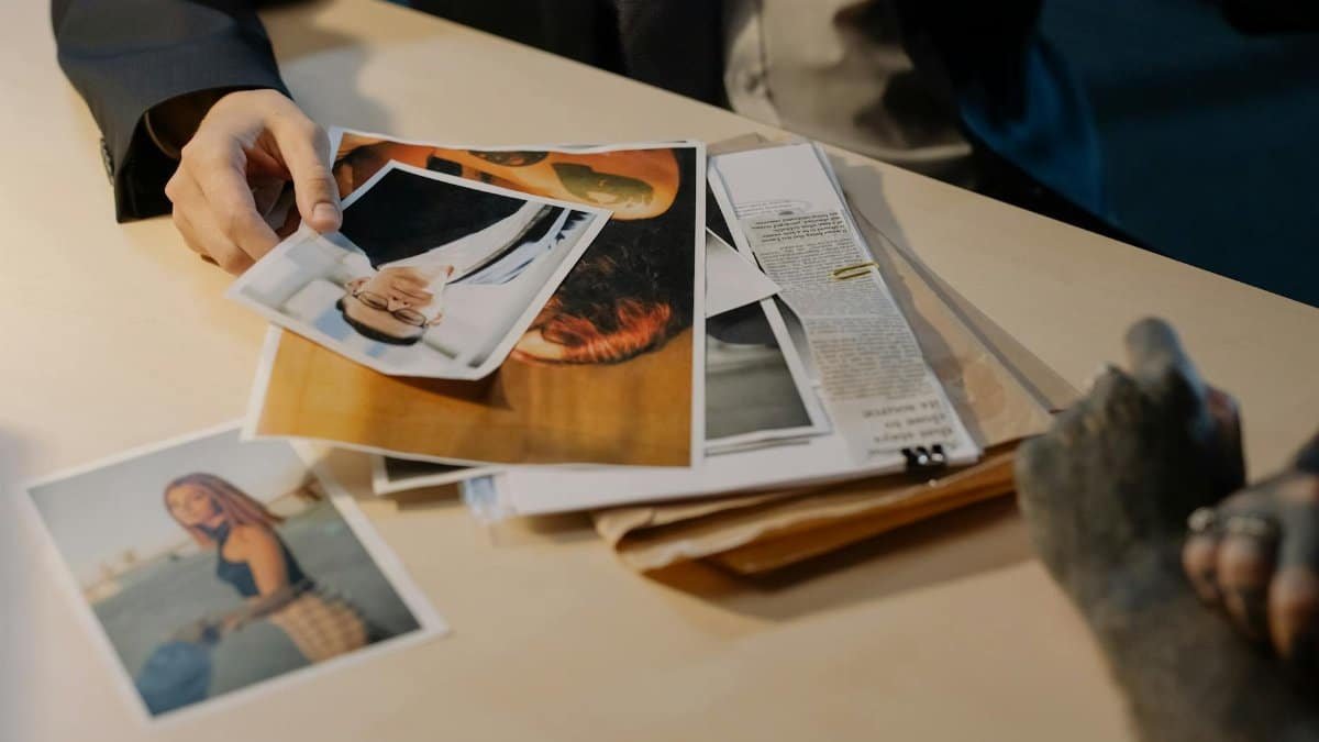 Close-up of a detective examining evidence photos on a table during an investigation.