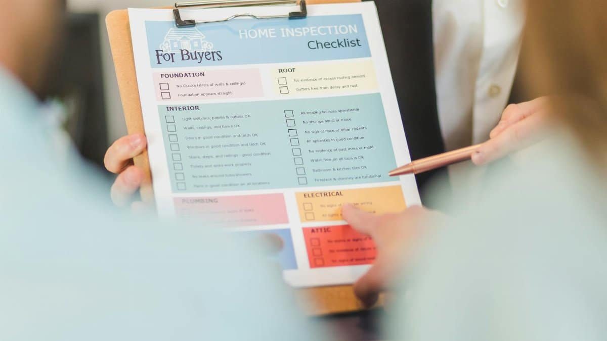 Close-up of hands holding a home inspection checklist clipboard for buyers.
