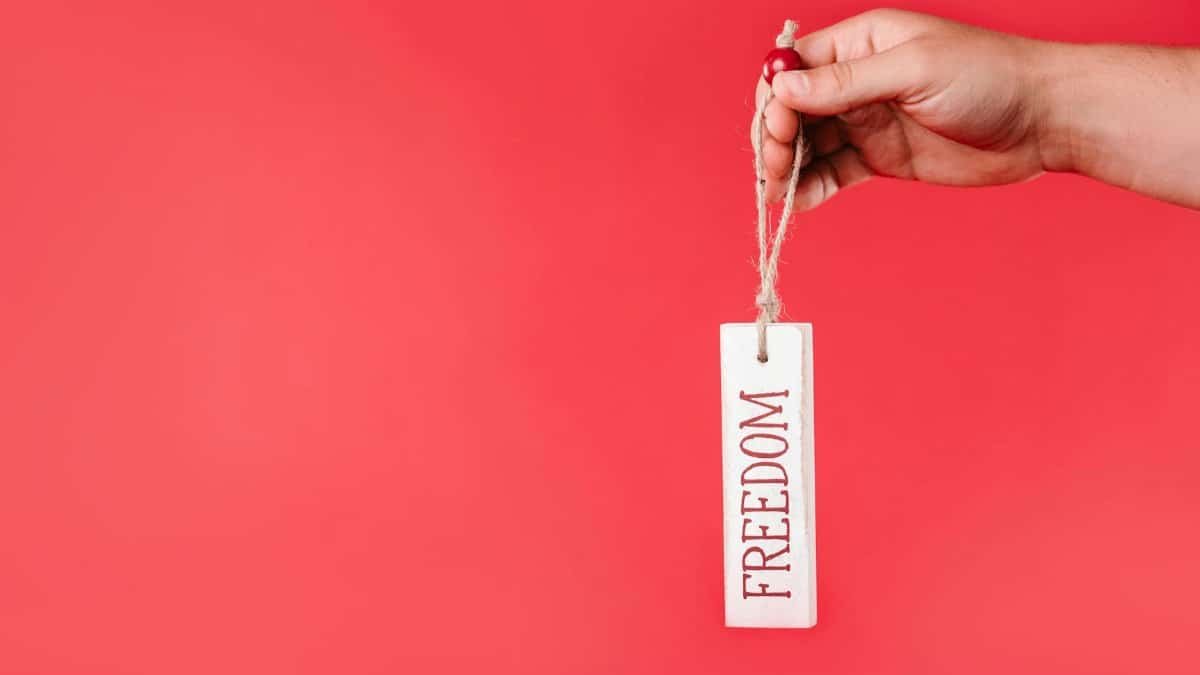 A hand holds a freedom tag on a red background, symbolizing independence and liberty.