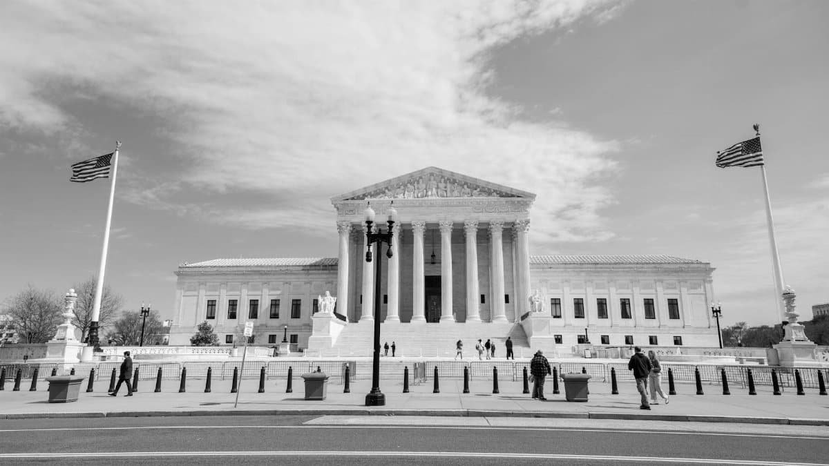 Classic view of the US Supreme Court building in Washington, D.C., highlighting neoclassical architecture.