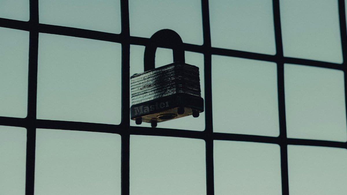 Close-up of a steel padlock on a mesh fence, symbolizing protection and security.