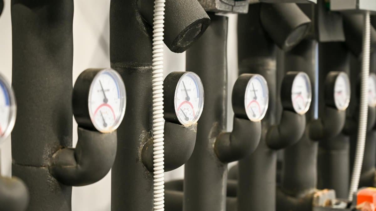 Industrial pipes and pressure gauges in a facility at Garešnica, Croatia.