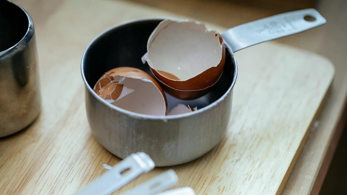 From above of stainless steel scoop with crashed eggshells placed on wooden table in kitchen in daylight