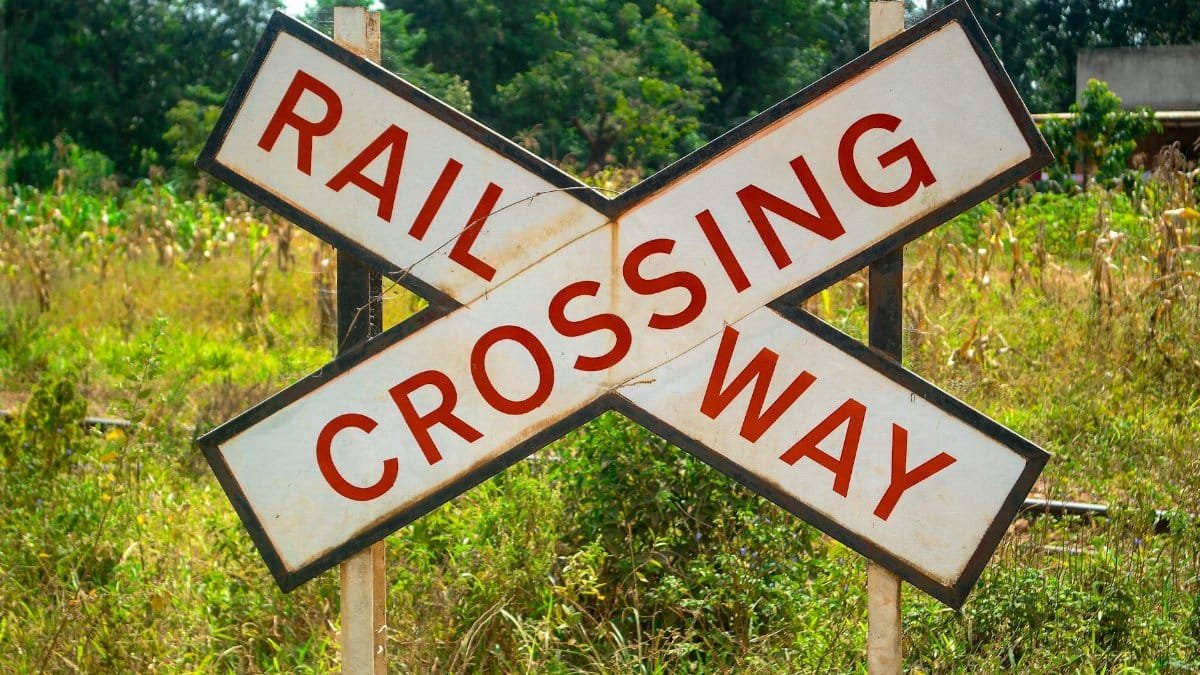 A railway crossing sign in a rural area of Iganga, Eastern Region, Uganda.