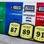 Close-up of a vintage gas pump station showing fuel prices and octane ratings in Los Angeles.