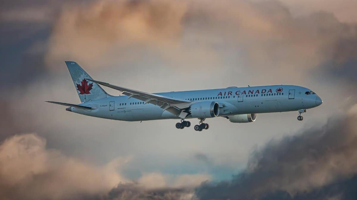 Air Canada Boeing 787 mid-flight against a dramatic cloudy sky, capturing a scenic travel moment.
