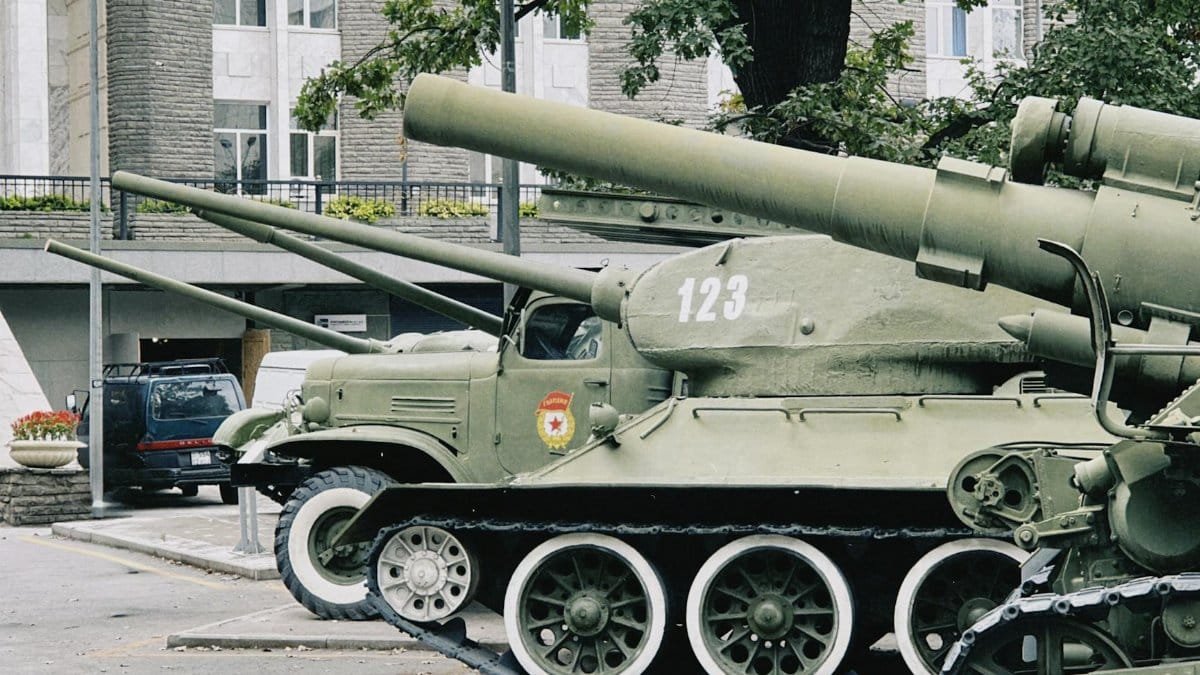 Vintage tanks displayed outdoors in Almaty, Kazakhstan showcasing historical military equipment.