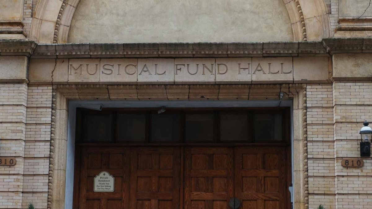 Historic Musical Fund Hall entrance captured in Philadelphia, emphasizing classic architecture.
