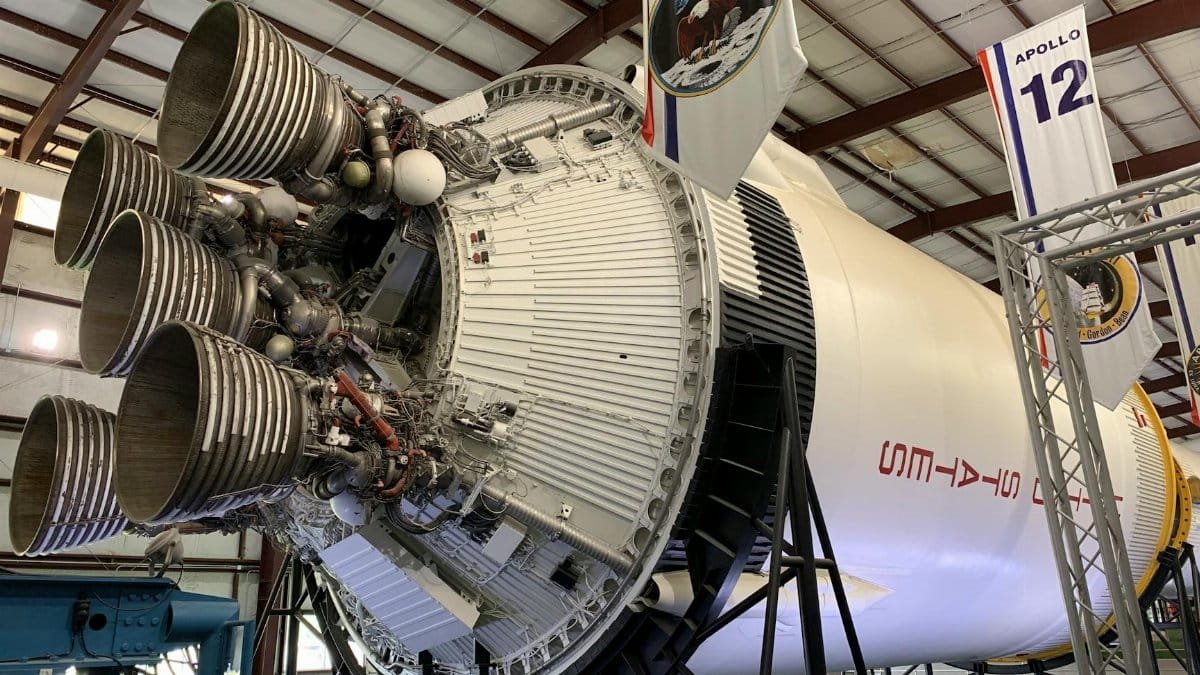 Close-up of Apollo 12 rocket engine on display at Space Center Houston.