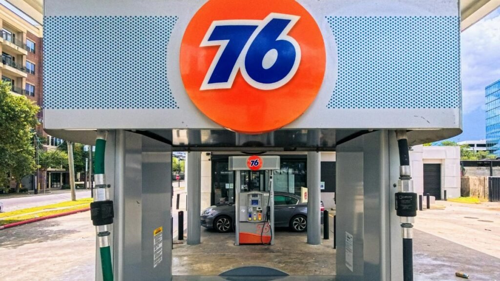 Front view of a 76 gas station in Houston, Texas on a sunny day.
