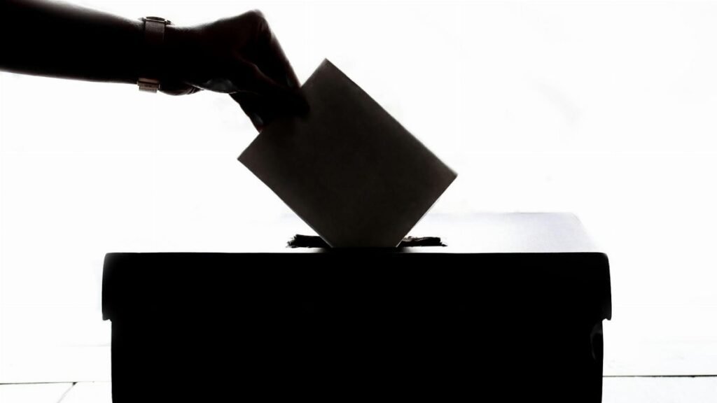 Silhouette of a hand placing a vote into a ballot box, symbolizing democracy.
