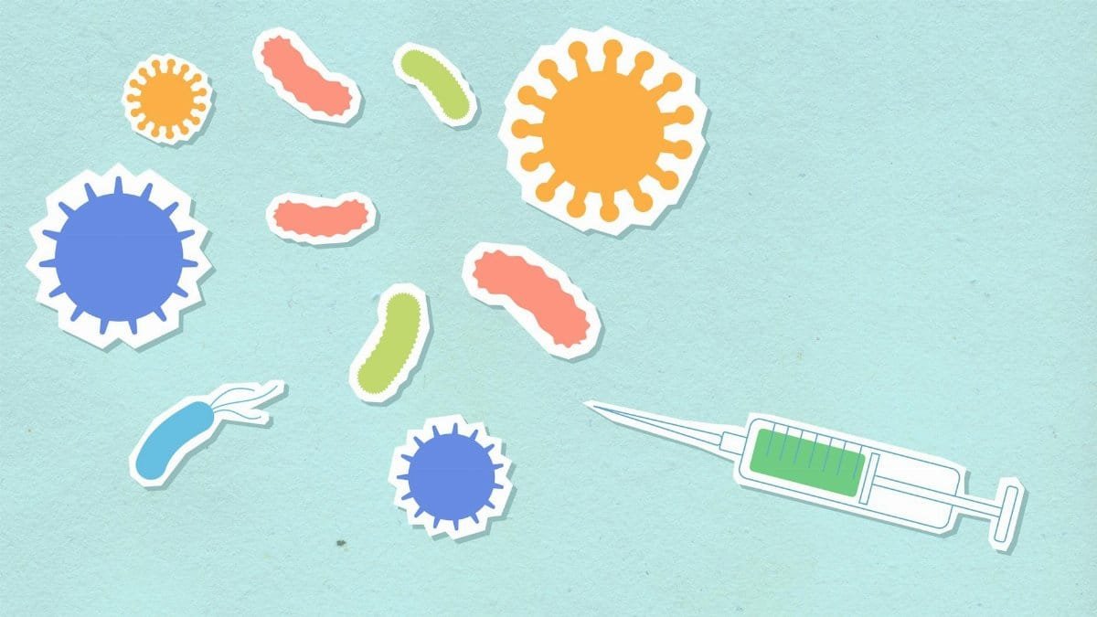 Paper cutout types of various contagious viruses and syringe with medical remedy for preventing spreading of disease on blue background