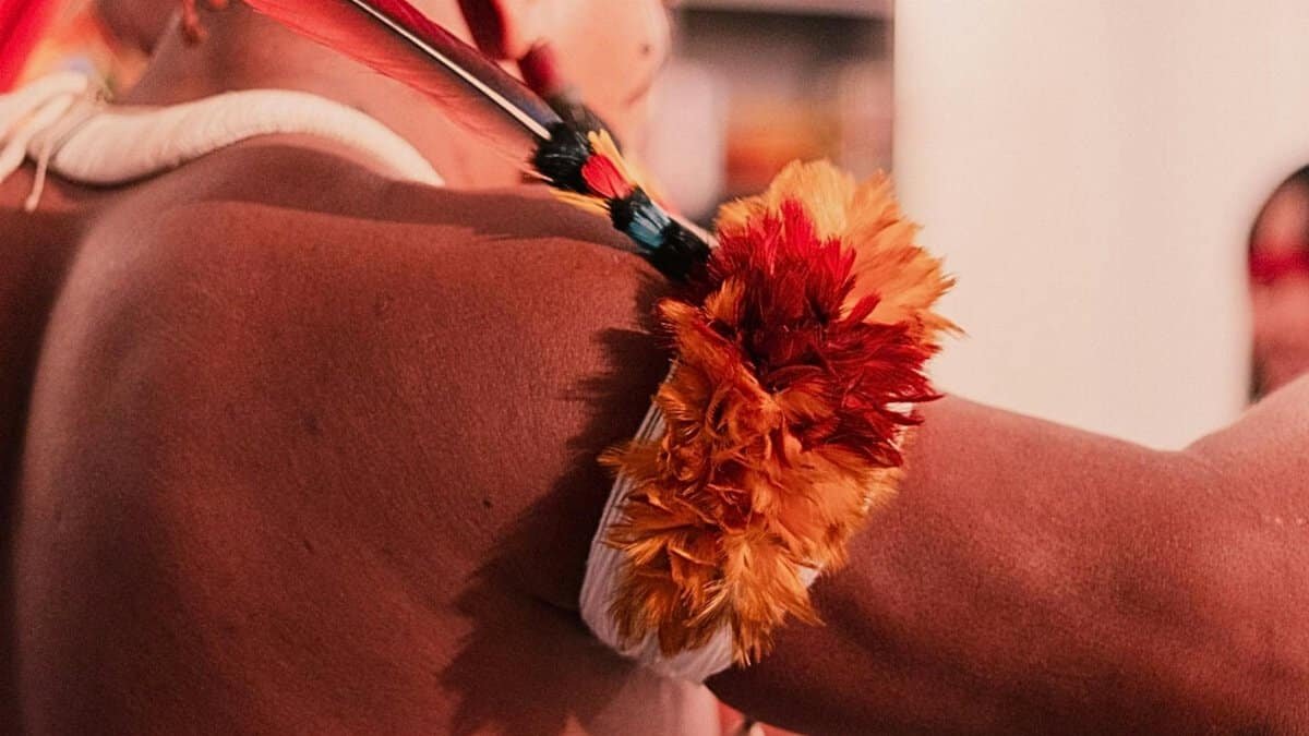 Close-up of a Brazilian indigenous person with colorful feather accessory.