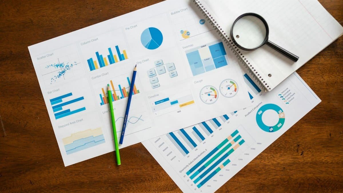 Overhead view of financial charts, magnifying glass, and stationery on wooden table.