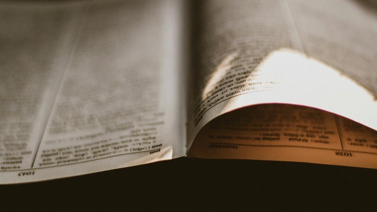 An artistic close-up of a vintage book's pages with dramatic lighting and shadows.