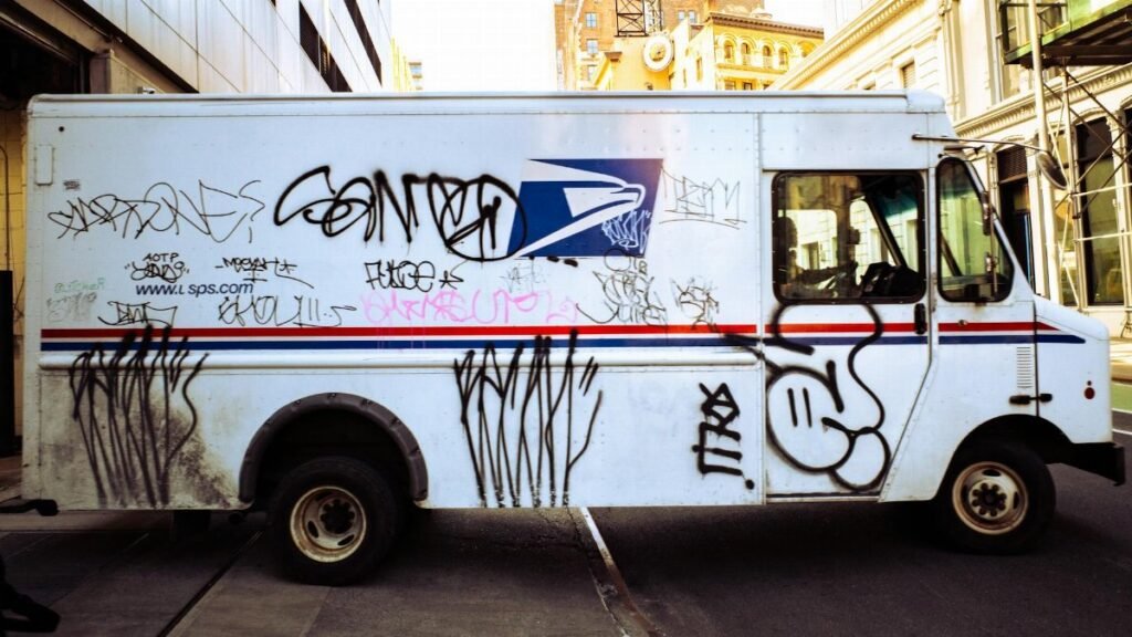 Graffiti-covered delivery truck parked in New York City street, showcasing urban art culture.
