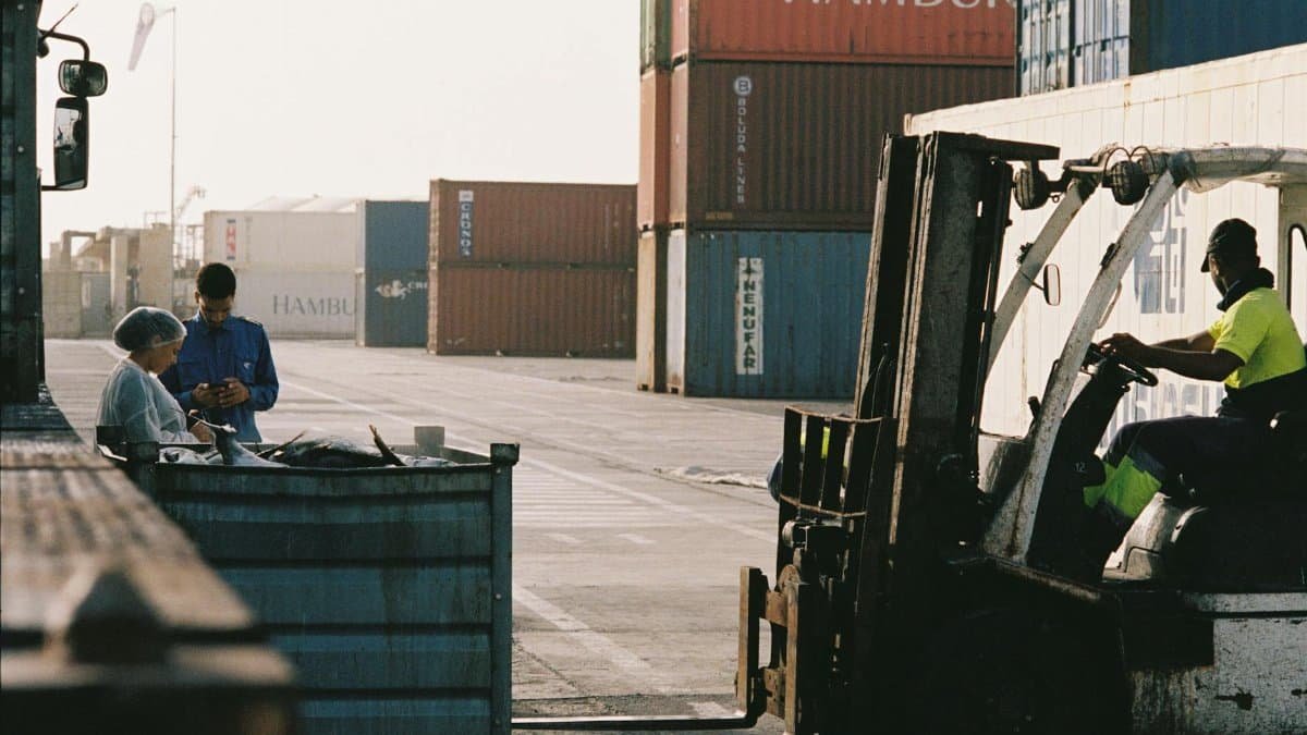 Workers operating a forklift in a shipping container yard at Praia port, Cabo Verde.
