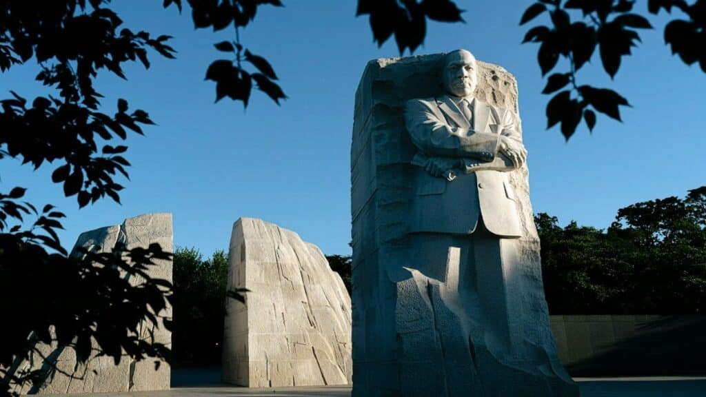 Martin Luther King Jr. Memorial in Washington DC, a symbol of civil rights, captured at dusk.