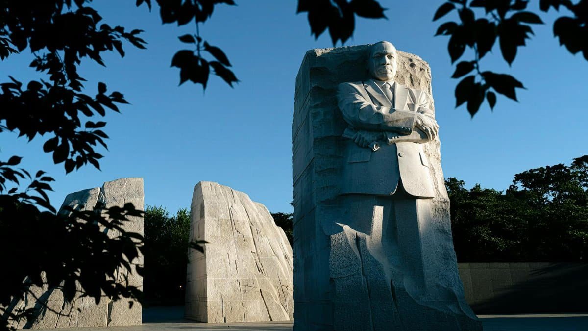 Martin Luther King Jr. Memorial in Washington DC, a symbol of civil rights, captured at dusk.