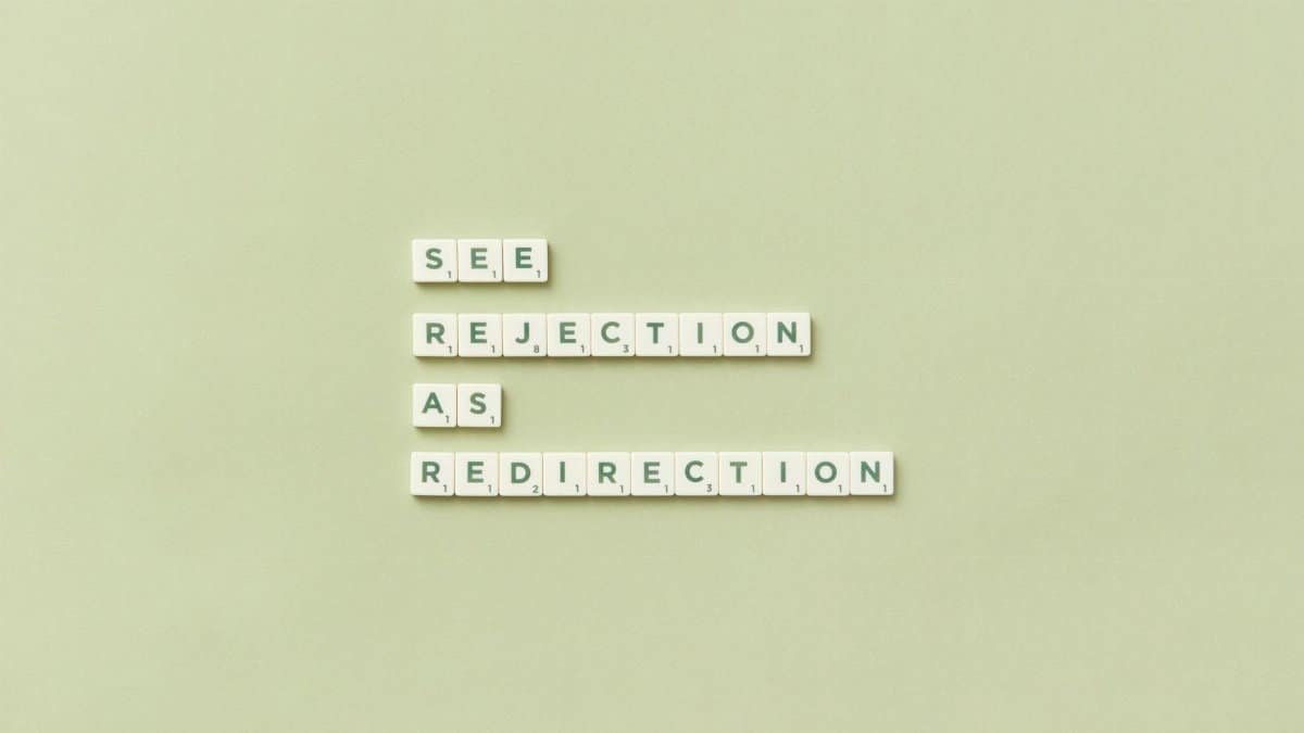 Inspirational message 'See Rejection as Redirection' created with scrabble tiles on a light green surface.