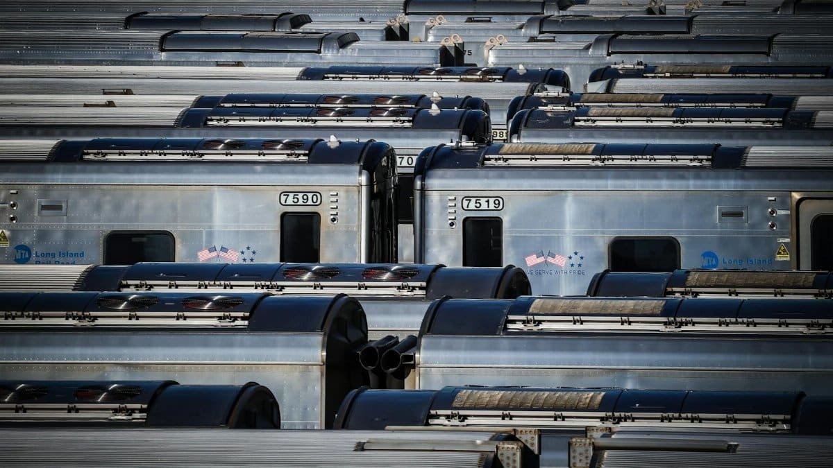 Aerial view of Long Island Rail Road trains parked at a depot showcasing urban transportation.