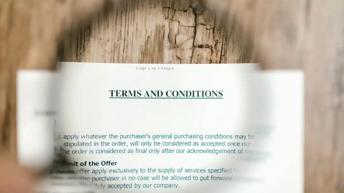 Magnifying glass focusing on terms and conditions document on wooden surface.
