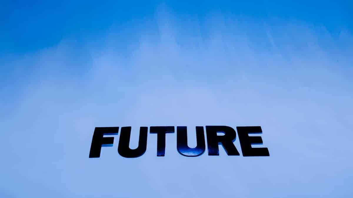 The word 'Future' in bold letters against a bright blue abstract background.