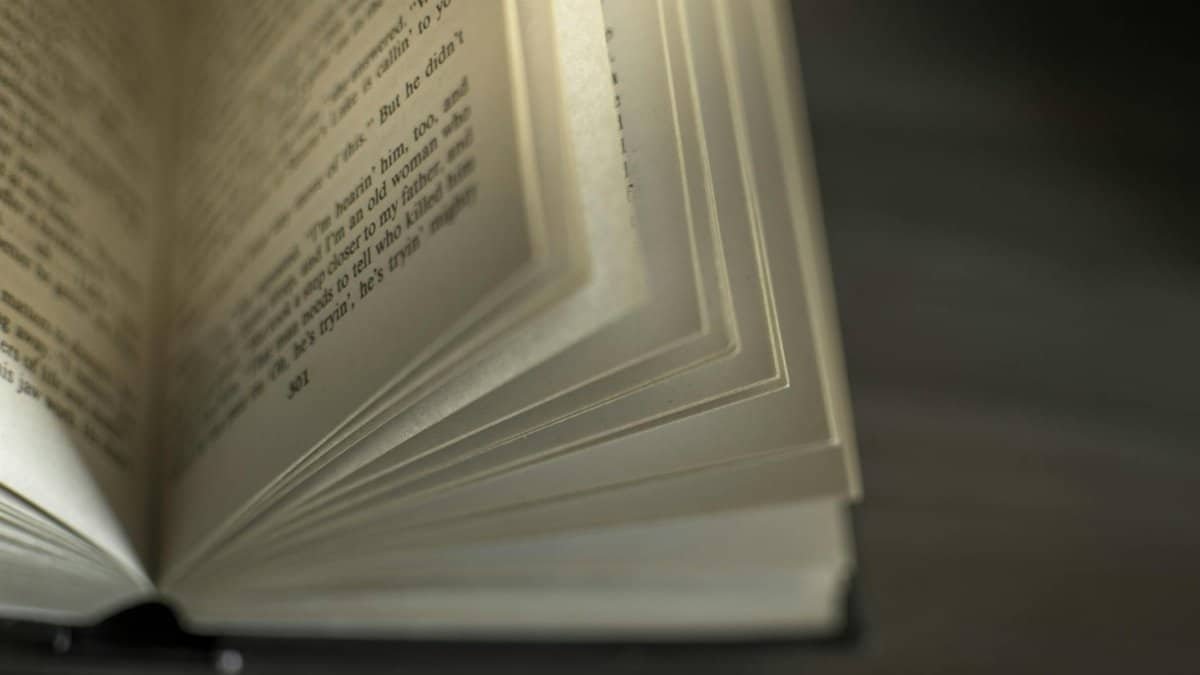 A close-up image of an open book with visible text, showcasing turning pages.
