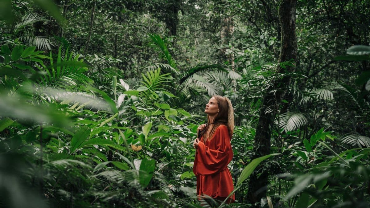 A woman in a red dress stands amidst vibrant green jungle foliage, looking upwards.