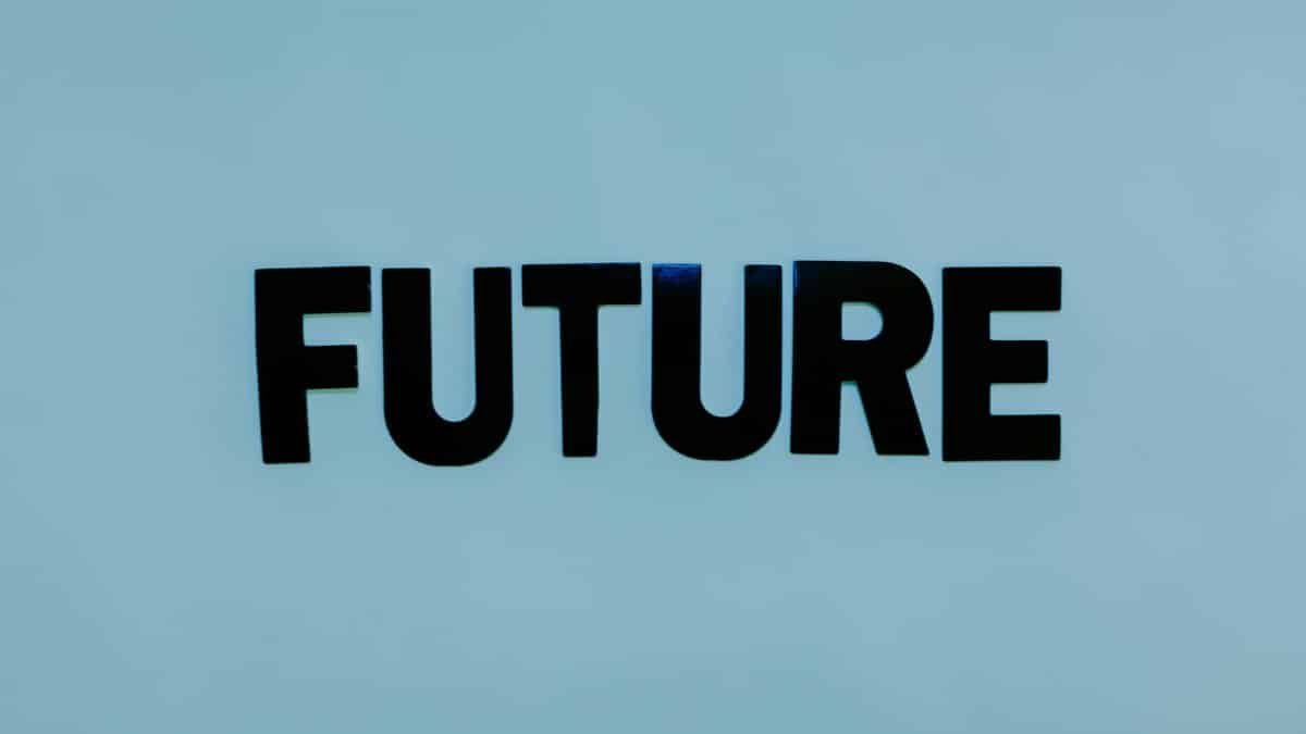 Black text 'FUTURE' on a bright blue background, symbolizing forward-looking concepts.